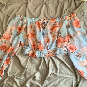 Windsor Light Blue Sheer Cropped Pink Floral Tie Front Blouse Off Shoulder